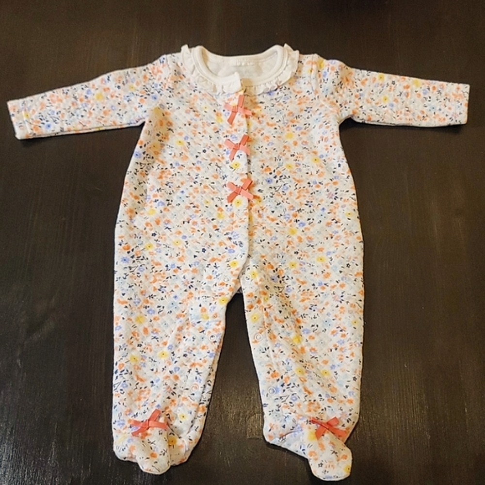 Quilted footsie PJ, floral print snap button, Multi colored, Size 3-6 months